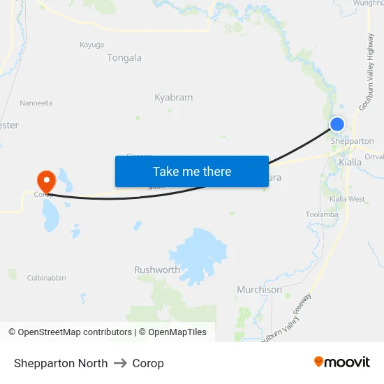 Shepparton North to Corop map