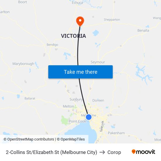2-Collins St/Elizabeth St (Melbourne City) to Corop map