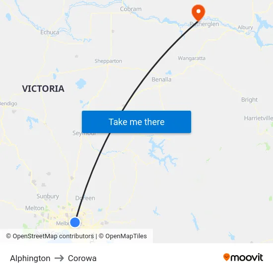 Alphington to Corowa map