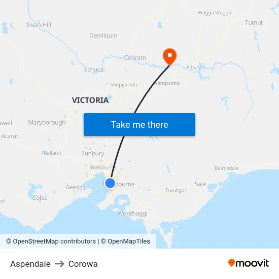 Aspendale to Corowa map