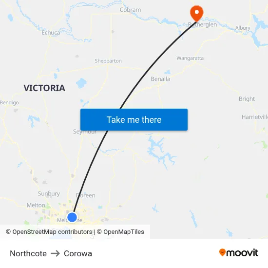 Northcote to Corowa map
