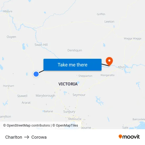 Charlton to Corowa map