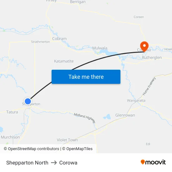 Shepparton North to Corowa map