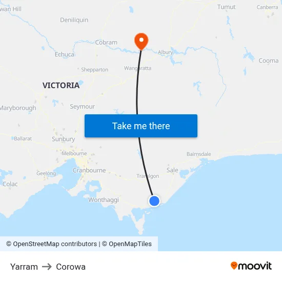 Yarram to Corowa map