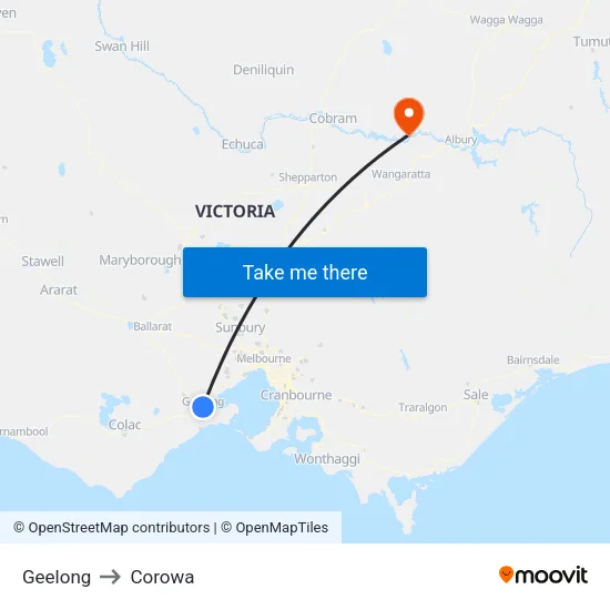 Geelong to Corowa map