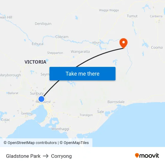 Gladstone Park to Corryong map