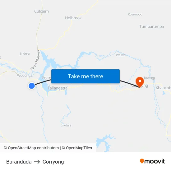 Baranduda to Corryong map