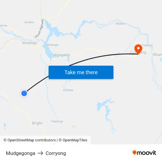Mudgegonga to Corryong map