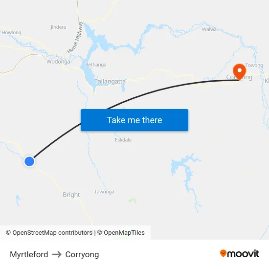 Myrtleford to Corryong map