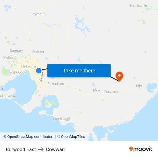 Burwood East to Cowwarr map