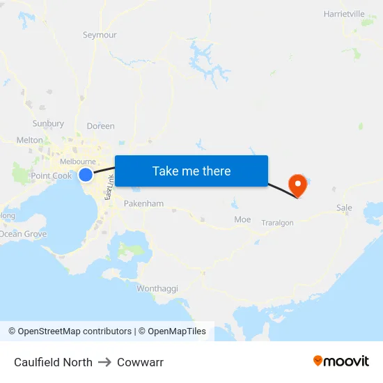 Caulfield North to Cowwarr map