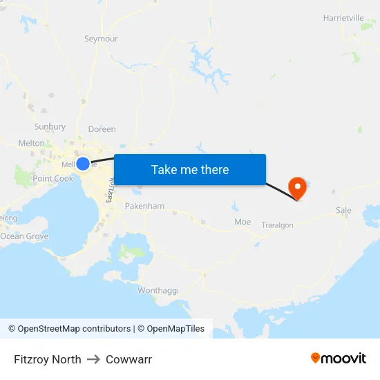 Fitzroy North to Cowwarr map
