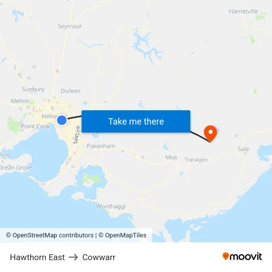 Hawthorn East to Cowwarr map