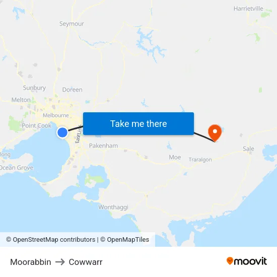 Moorabbin to Cowwarr map