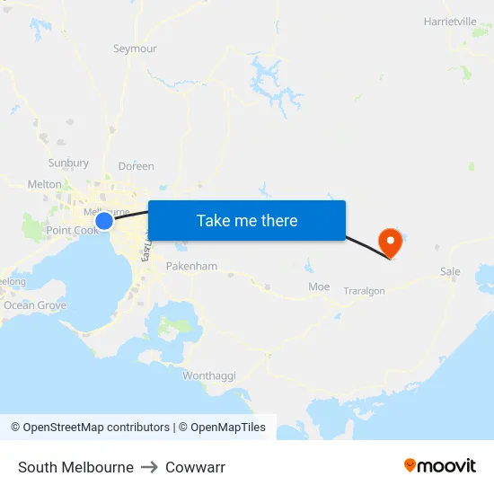 South Melbourne to Cowwarr map