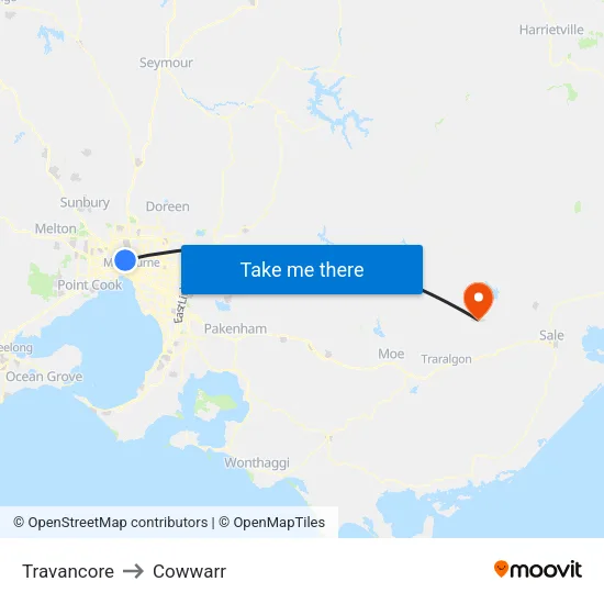 Travancore to Cowwarr map