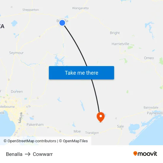 Benalla to Cowwarr map