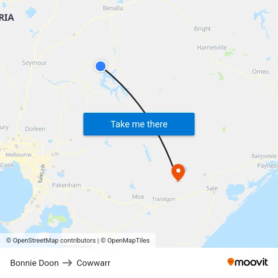 Bonnie Doon to Cowwarr map