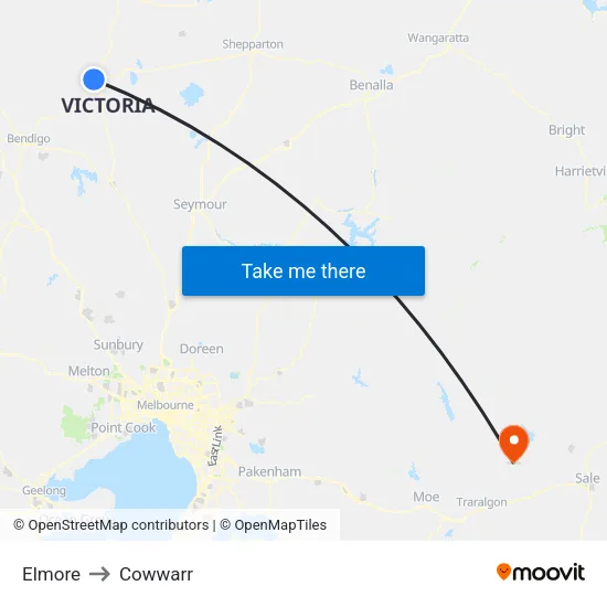 Elmore to Cowwarr map
