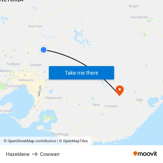 Hazeldene to Cowwarr map