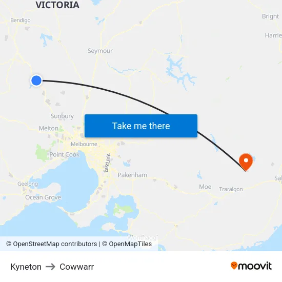 Kyneton to Cowwarr map