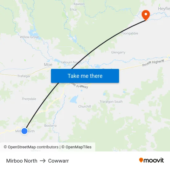 Mirboo North to Cowwarr map