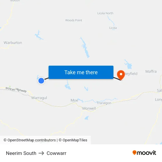 Neerim South to Cowwarr map