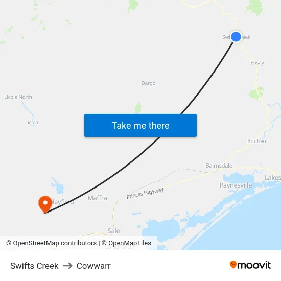 Swifts Creek to Cowwarr map