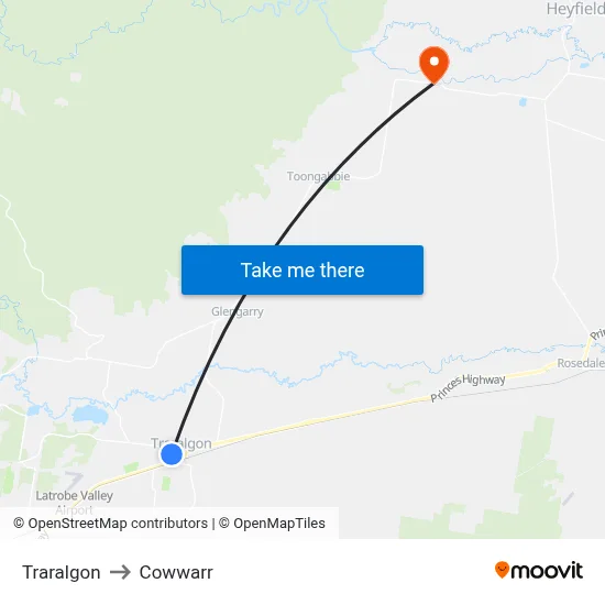 Traralgon to Cowwarr map