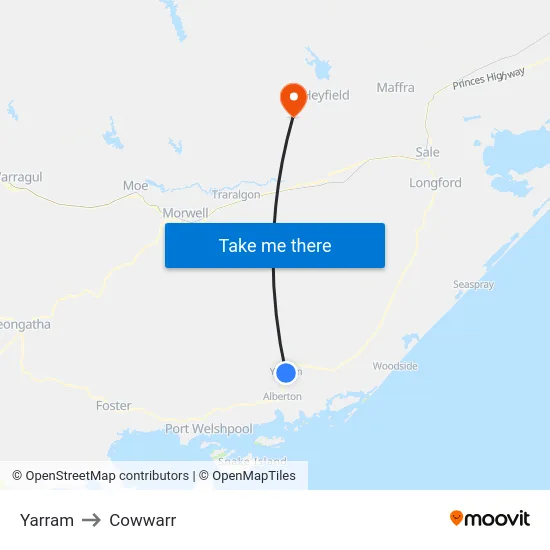 Yarram to Cowwarr map