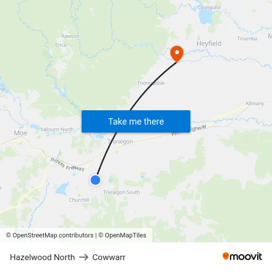 Hazelwood North to Cowwarr map