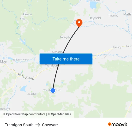 Traralgon South to Cowwarr map