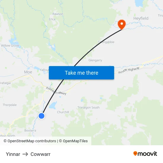 Yinnar to Cowwarr map