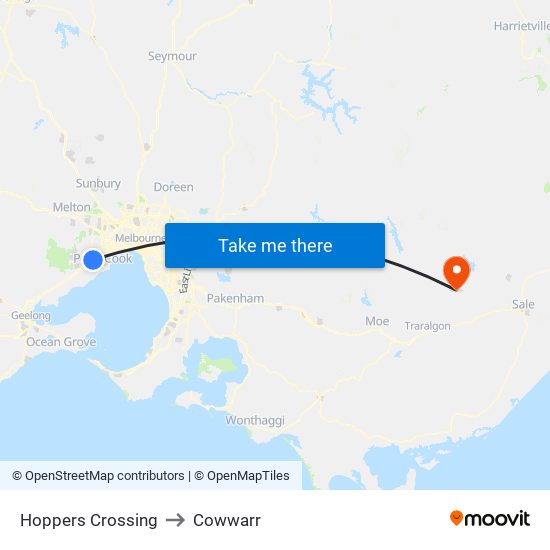Hoppers Crossing to Cowwarr map