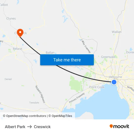 Albert Park to Creswick map