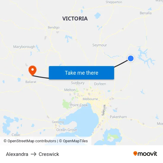 Alexandra to Creswick map