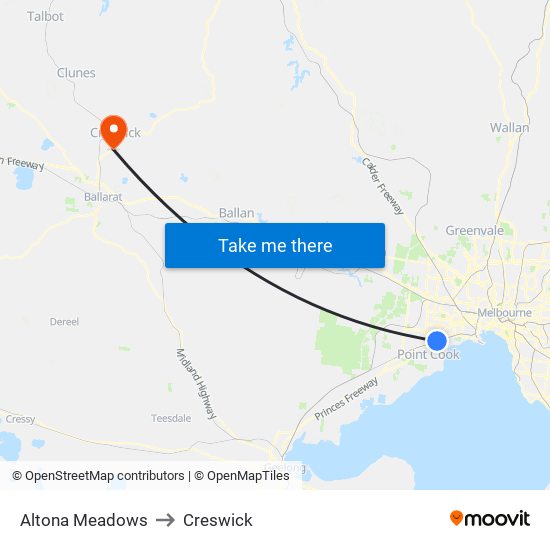 Altona Meadows to Creswick map