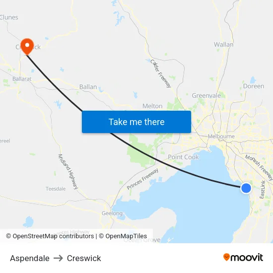 Aspendale to Creswick map