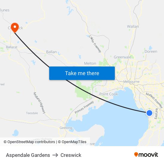 Aspendale Gardens to Creswick map