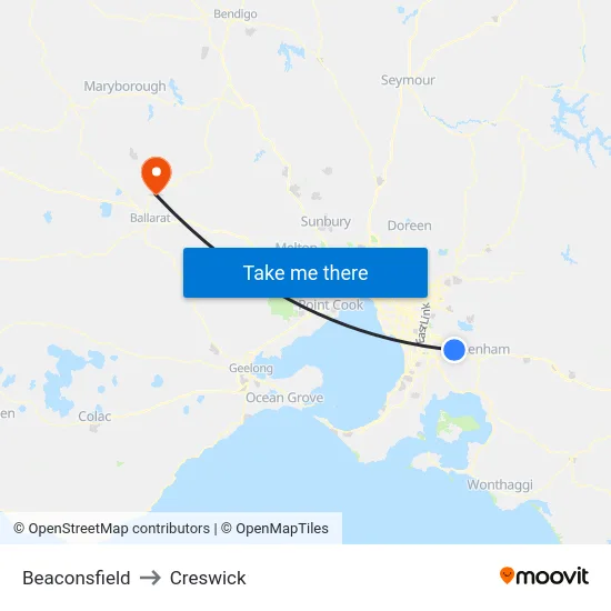 Beaconsfield to Creswick map
