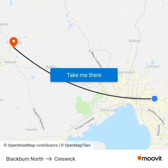 Blackburn North to Creswick map