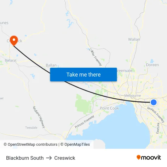 Blackburn South to Creswick map