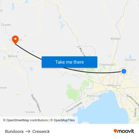 Bundoora to Creswick map
