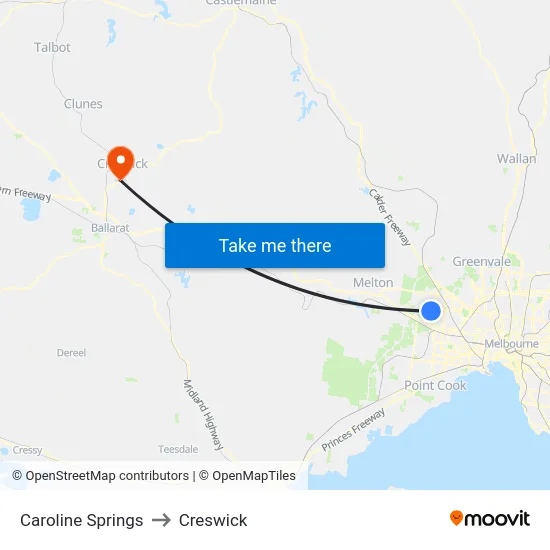 Caroline Springs to Creswick map