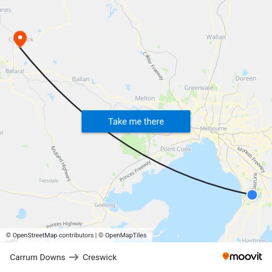 Carrum Downs to Creswick map