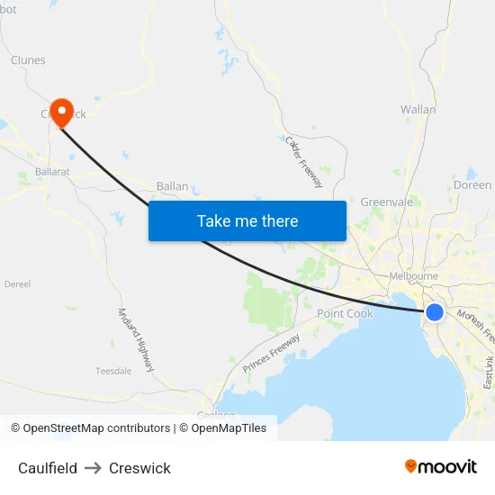Caulfield to Creswick map