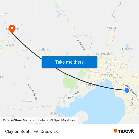 Clayton South to Creswick map