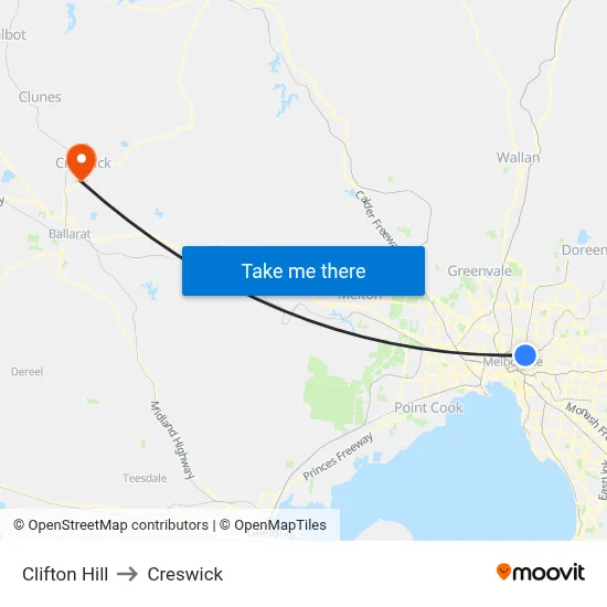 Clifton Hill to Creswick map