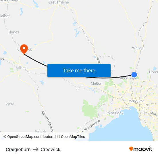 Craigieburn to Creswick map