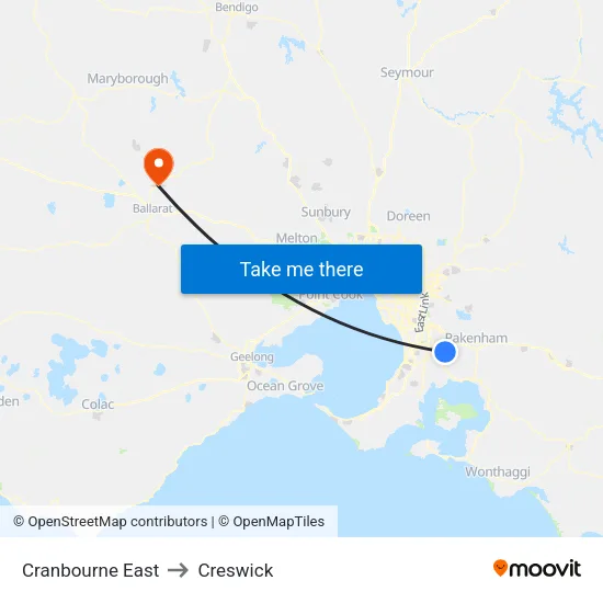 Cranbourne East to Creswick map